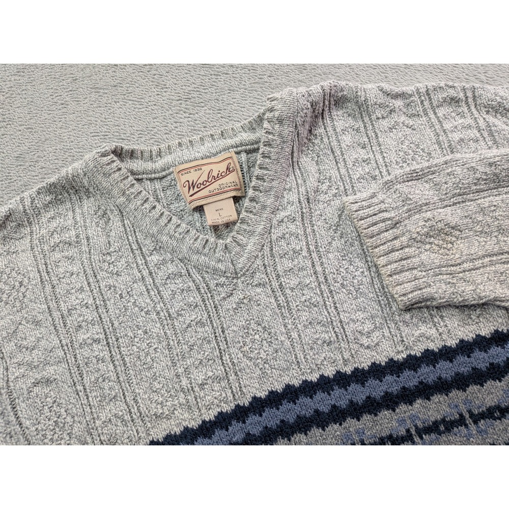 Woolrich Mens Large V-Neck Cable Knit Sweater Grey Blue Stripe Cotton USA Made